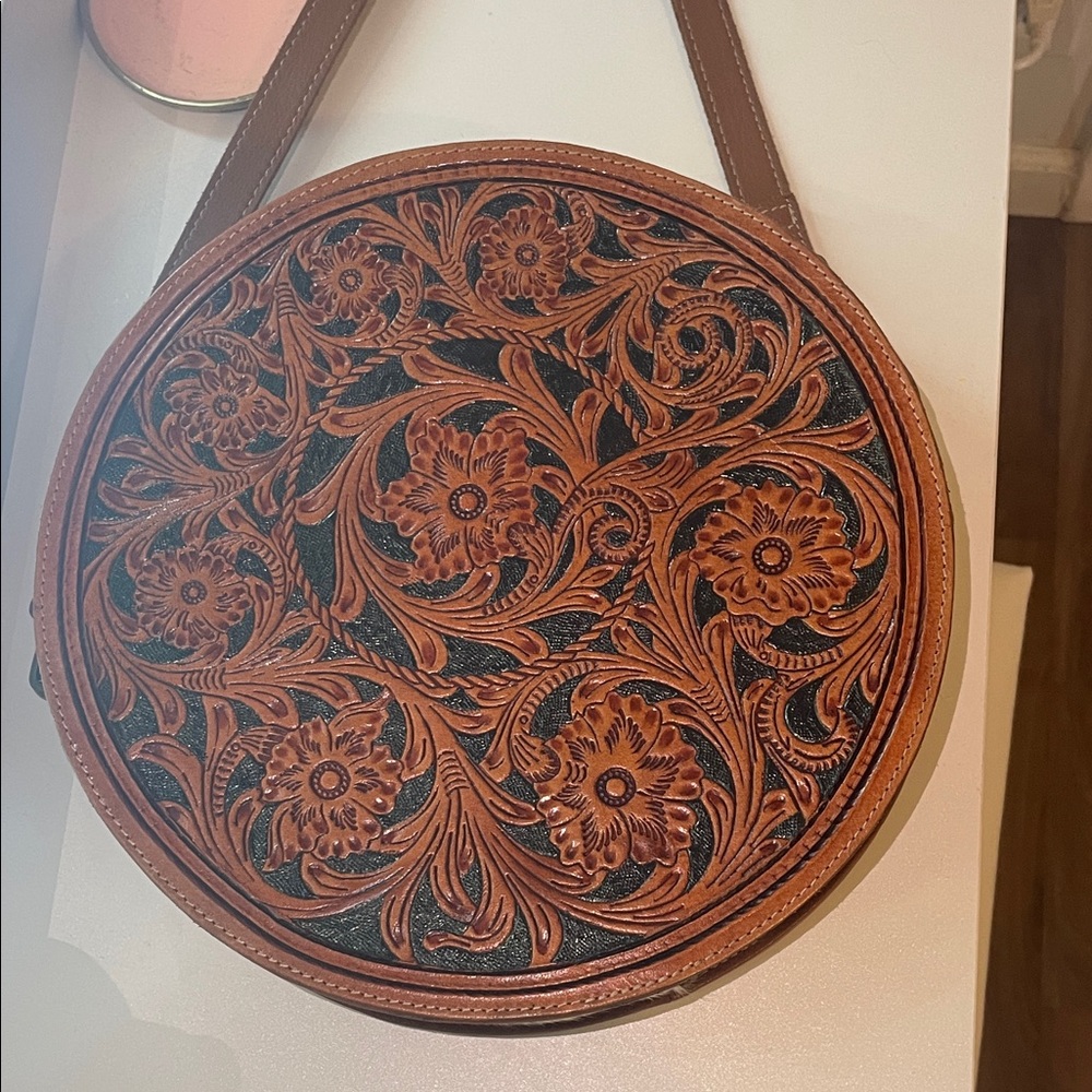 Myra Bag Brown Tooled Leather Floral Round Crossbody- Used